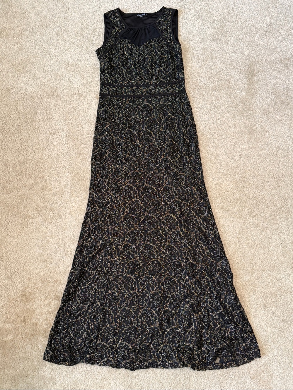 Candalite Black Gold Metallic Lace Evening Gown Illusion Neck Sleeveless Formal